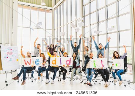 Multiethnic Diverse Group Of Happy Business People Cheering Together, Celebrate Project Success With