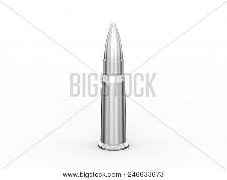 3d Illustration Silver Chrome Bullet Cartridge On A Grey Background
