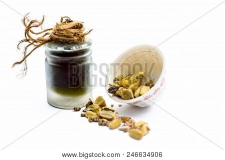 Green Colored Dry Fruit Essence Of Green Cardamom Or Elaichi Isolated On White In Transparent Bottle
