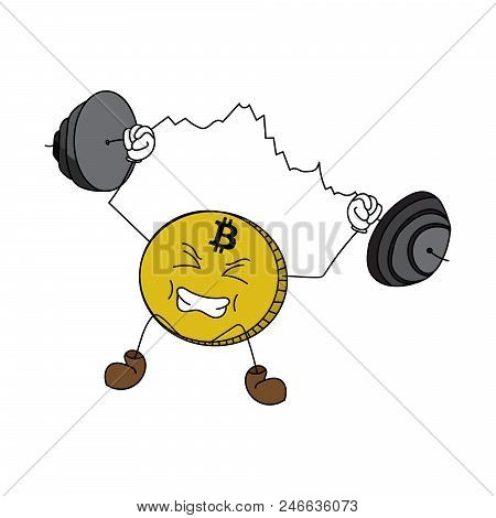 Cartoon Bitcoin With Face, Hands And Legs Weight-lifting A Chart