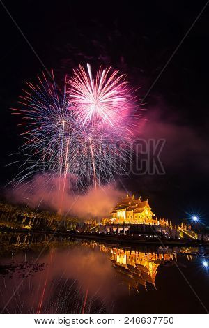 Fireworks Celebrate The New Year 2018 At Rajapruek Royal Park, Chiang Mai With Beutiful Light Of Hor