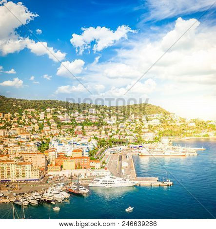 Port Of Nice And Metiterranean Sea At Summer Day Under Blue Sky With Cloud, France, Retro Toned