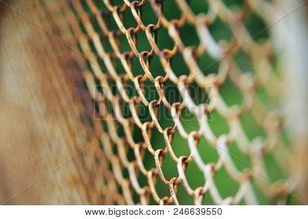 A closeup, shallow depth-of-field shot of criss-crossed wire fencing 