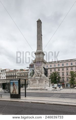 Lisbon, Portugal, 10 June 2018: Monument To The Restorers At Restauradores Square In Lisbon, Portuga
