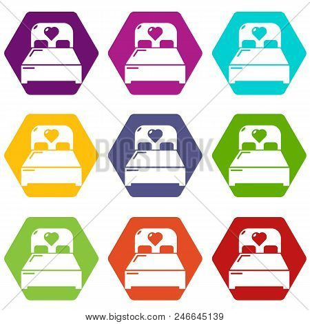 Wedding Couple Bed Icons 9 Set Coloful Isolated On White For Web