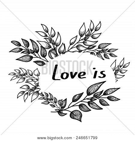 Flower Card, Greeting Black Outline On White Background. Wallpaper Postcard. Festive Background. Vec