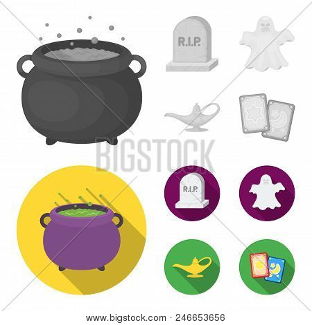 A Witch Cauldron, A Tombstone, A Ghost, A Gin Lamp.black And White Magic Set Collection Icons In Mon