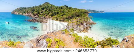 Panorama Aerial View point of Tropical white sand beach and snorkel point at cockburn island andaman sea indian ocean Myanmar and Thailand.