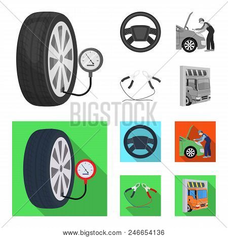 Engine Adjustment, Steering Wheel, Clamp And Wheel Monochrome, Flat Icons In Set Collection For Desi