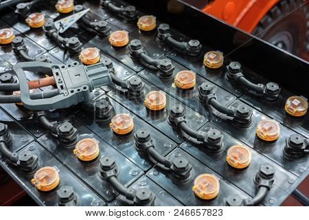 Powerful Rechargeable Battery Forklift. Contacts Of Electrolytic Cans Are Connected By Crosspieces.