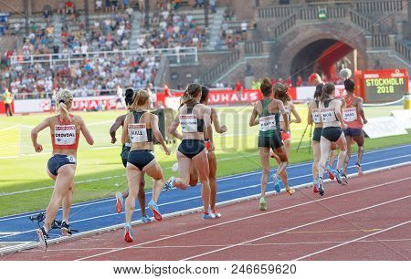 Stockholm, Sweden - Jun 10, 2018: Rear View Of Running Athletes In The 1500m Women Competition In Ia