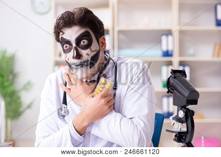 Scary monster doctor working in lab