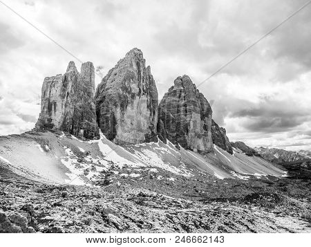 Tre Cime Di Lavaredo, Aka Drei Zinnen, Rock Formation In Dolomites, Italy. Black And White Image.