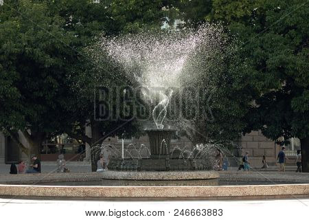 SOFIA, BULGARIA - AUGUST 03, 2017: fountain at Atanas Burov Square in Sofia, Bulgaria