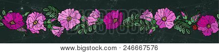 Endless Brush Border With Wild Roses. Summer Flowers Greeting Card Or Wedding Background. Hand Drawn