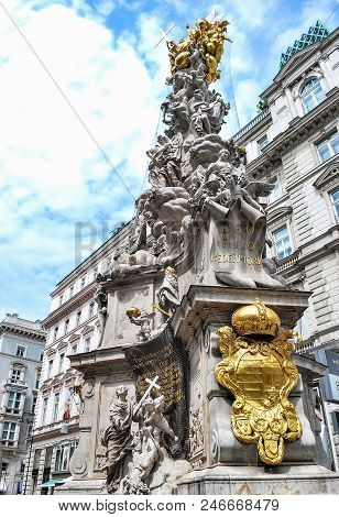 Plague Column In Vienna. It Appeared In 1693. Dedicated To The Holy Trinity. A Pillar Of Marble Sink