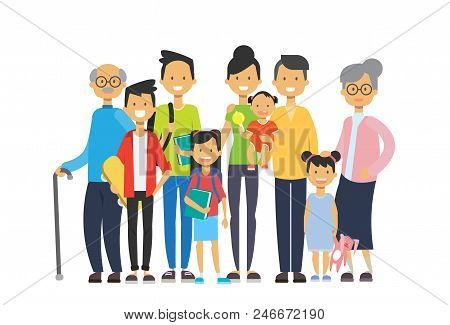 Multi Generation Family Together, Grandfather Grandmother And Grandchildren On White Background, Tre