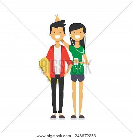 Casual Girl Hold Ipod And Listen Music In Headphones Put Horns Her Boy Happy Teenagers Full Length A