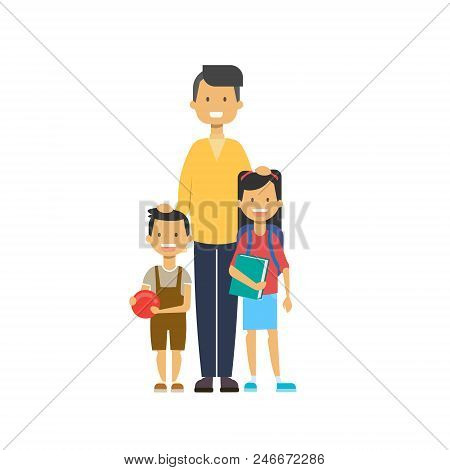 Father And Children On White Background, Tree Of Genus Happy Family Concept, Flat Cartoon Design Vec