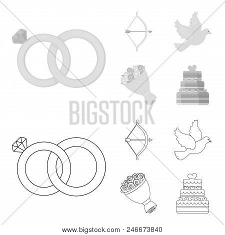 Arrow Cupid, Dove, Bouquet Of Flowers, Wedding Cake. Wedding Set Collection Icons In Outline, Monoch