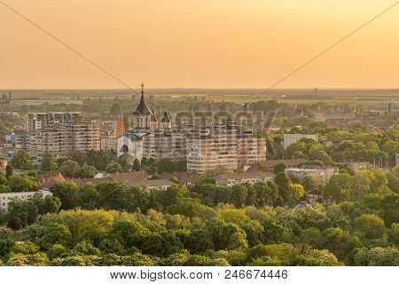 Oradea City Viewed From Above At Sunset, Romania.