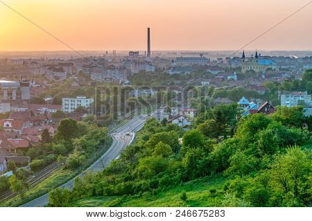 Oradea City Viewed From Above At Sunset, Romania.