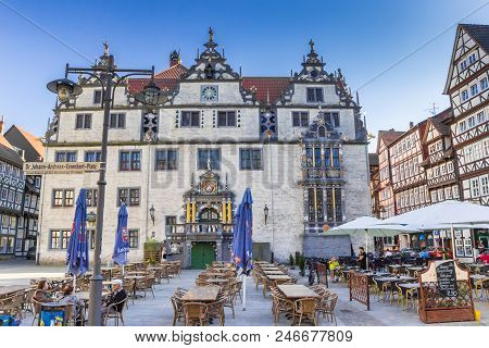 Hann. Munden, Germany - May 07, 2018: Tables And Chairs At The Town Hall Of Hannoversch Munden, Germ