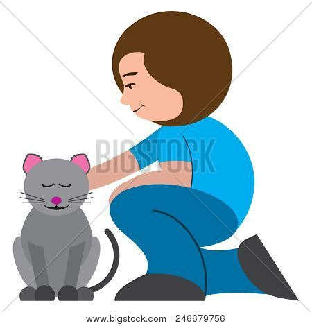 A Flat Vector Cartoon Woman Is Petting Her Cat