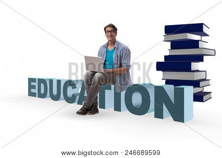Young man in telelearning concept with laptop and books