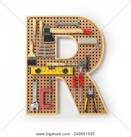Letter R. Alphabet from the tools on the metal pegboard isolated on white.  3d illustration