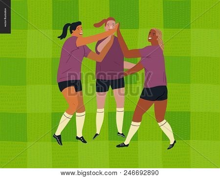 Womens European Football, Soccer Players - Flat Vector Illustration Of Three Female Team Players Wea