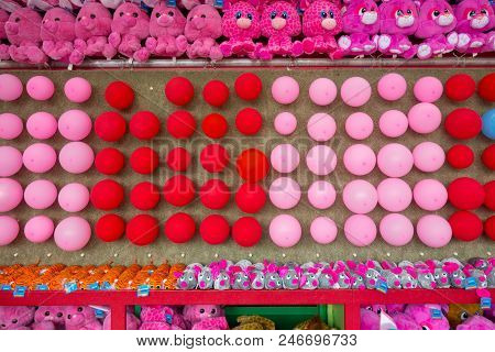 Gurnee, Illinois - June 14, 2018: Midway Balloon Games And Prizes At Six Flags Great America.