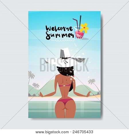 Sexy Woman Relax Sunny Beach Booty Bare Rear View Ass Bikini Summer Vacation Badge Design Label. Sea