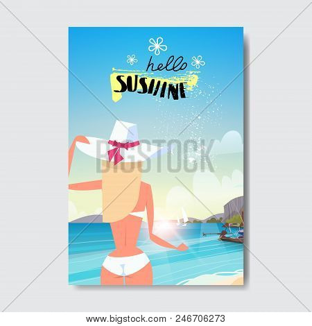 Sexy Woman Wear Hat Relax Sunny Beach Booty Bare Rear View Ass Bikini Summer Vacation Badge Design L