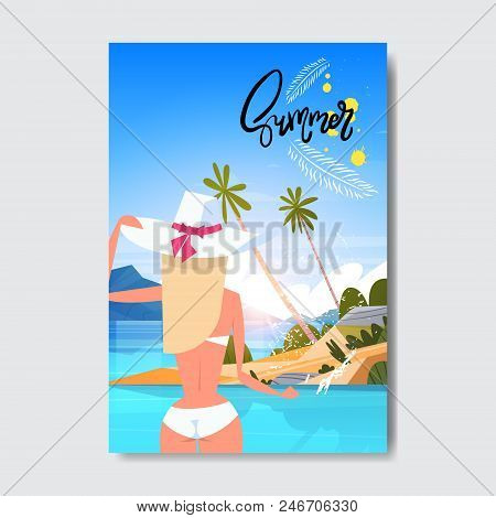 Sexy Woman Wear Hat Relax Sunny Palm Beach Booty Bare Rear View Ass Bikini Summer Vacation Badge Des