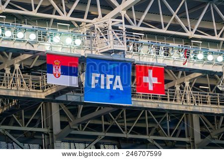 Kaliningrad - Russia, June 22, 2018: FIFA logo banner at the stadium on the match between Serbia and Switzerland