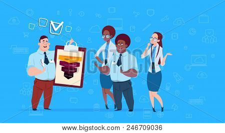 Mix Race Businesspeople Team Hold Clipboard Form Survey Data Cloud Sales Funnel With Steps Stages Bu