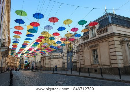 Lviv, Ukraina, June 7, 2018. Coloruful Umbrellas Urban Street Decoration.