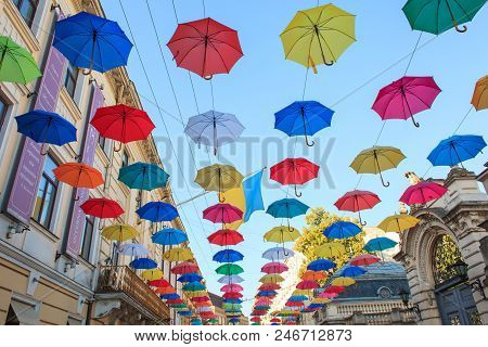Lviv, Ukraina, June 7, 2018. Coloruful Umbrellas Urban Street Decoration.