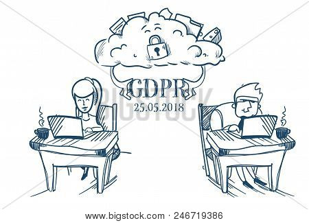 Cloud Synchronization Businesspeople Team Working Together Office Desk General Data Protection Regul