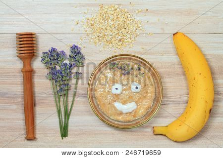 Face Mask From Oatmeal, Yogurt, Banana  And Honey. Ingredients For Homemade Facial Mask Decoreted Wi