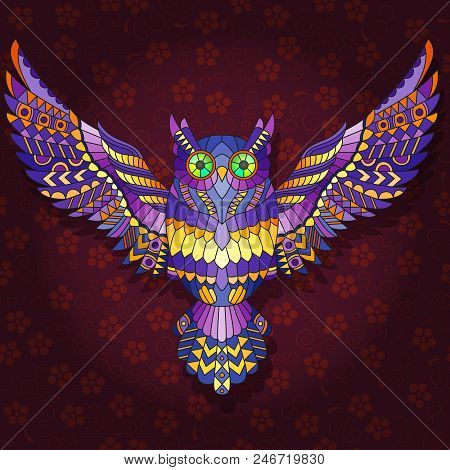 Abstract Image Of A Purple Owl Flying On A Dark Red  Floral Background
