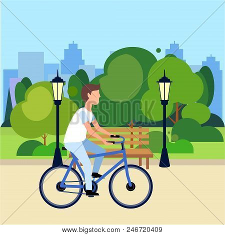 Riding Bicycle Public Urban Park Man Cycling Wooden Bench Street Lamp Green Lawn Trees On City Build
