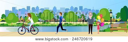 Public Park People Relax Wooden Bench Outdoors Walking Cycling Running River Green Lawn Trees On Cit