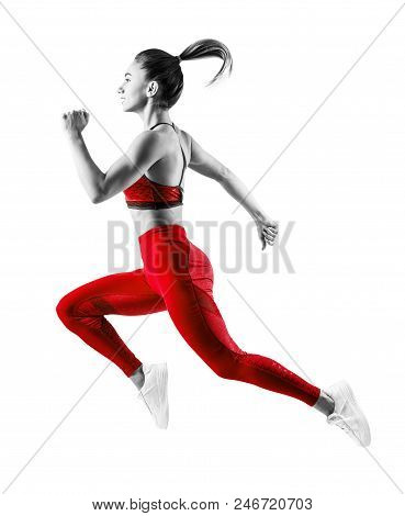 One Caucasian Woman Runner Jogger Running In Studio Isolated On White Background