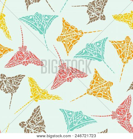 Seamless Pattern With Hand Drawn Vector Cramp-fish Zentangle Doodle Style. Ethnic Pattern, Summer Co