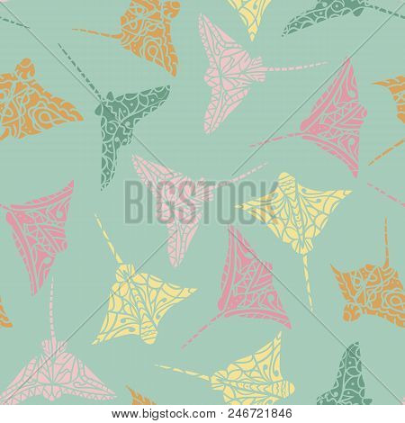 Seamless Pattern With Hand Drawn Vector Cramp-fish Zentangle Doodle Style. Ethnic Pattern, Summer Co