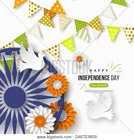 Indian Independence Day Holiday Background. Bunting Flags, Flower In Traditional Tricolor Of Indian 