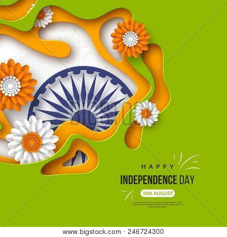 Indian Independence Day Holiday Background. Paper Cut Shapes With Shadow, Flowers, 3d Wheel In Tradi