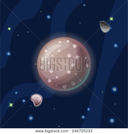 Kallisto Vector Cartoon Illustration. Brown Jupiter Moon Callisto Of Solar System In Dark Deep Blue 
